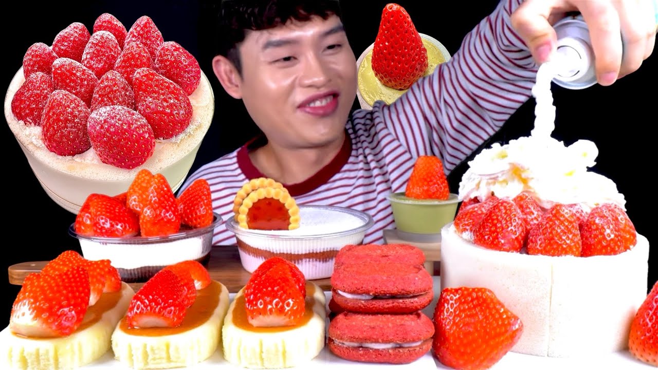 ASMR 딸기파티🍓화이트 스초생 딸기올린 치즈케이크 티라미수 딸기다쿠아즈 말차푸딩 먹방~!! Strawberry Party🍓 Strawberry Desserts MuKBang~!!
