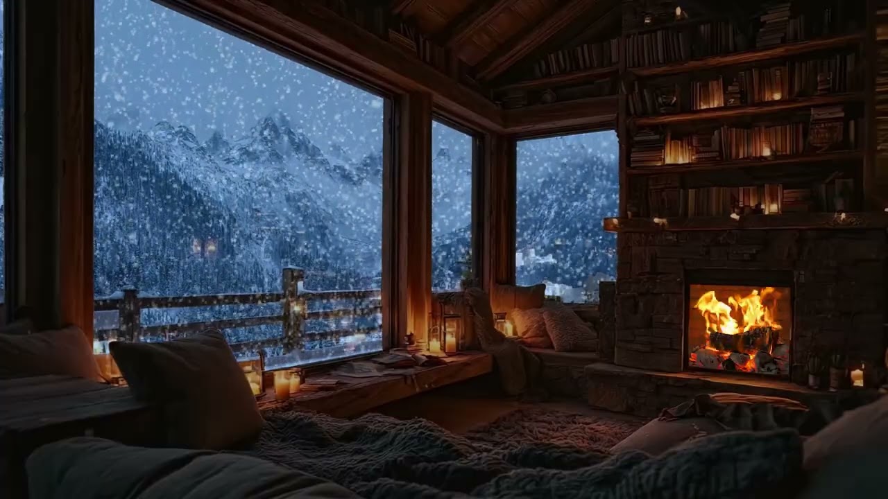 A Peaceful Snowy Cabin Night | Fireplace Crackling ASMR for Deep Sleep & Relaxation