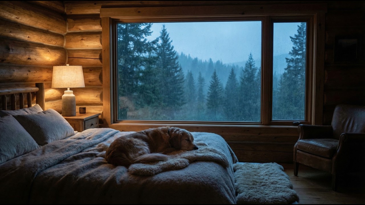 🔴 LIVE Cozy Rain Night 🌧️ Cabin Bedroom & Sleeping Dog | Deep Sleep Sounds