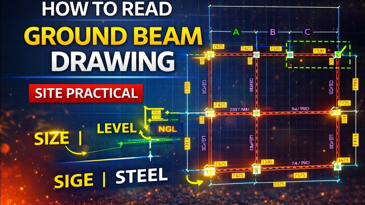 Ground Beam Drawing Kaise Samjhe? | Layout, Size & Steel Reading | Site Practical