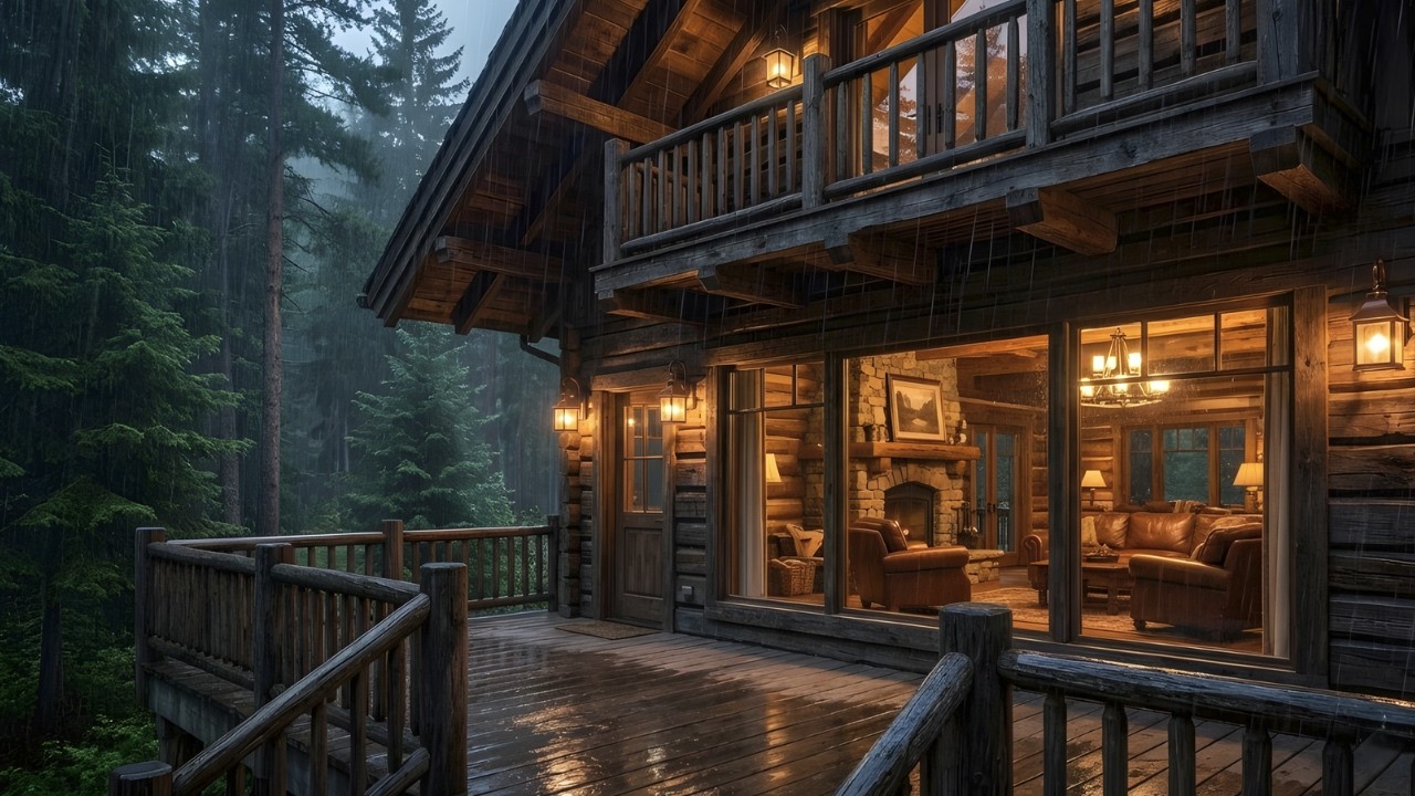 Cozy Cabin in the Rainy Forest 🌧️ Fireplace Ambience & Night Rain for Deep Sleep (8 Hours)