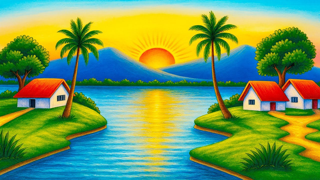 How to Draw Easy Village Scenery with Sunset & River | Step-by-Step Mountain Landscape for Beginners