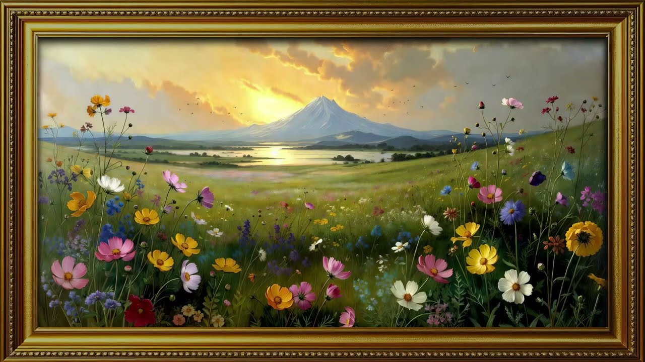 Vintage Oil Painting: Sunset Mountain Reflection with Wildflowers | Gold Frame TV Art Screensaver
