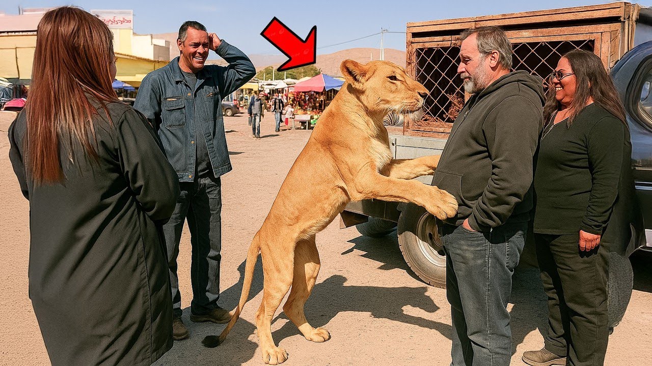 A helpless lion for sale in market  hugs man and cry for help