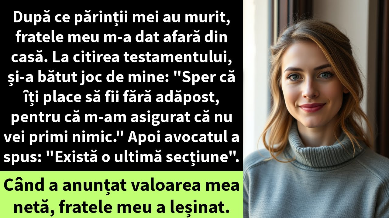 După ce părinții mei au murit, fratele meu m-a dat afară din casă. La citirea testamentului,