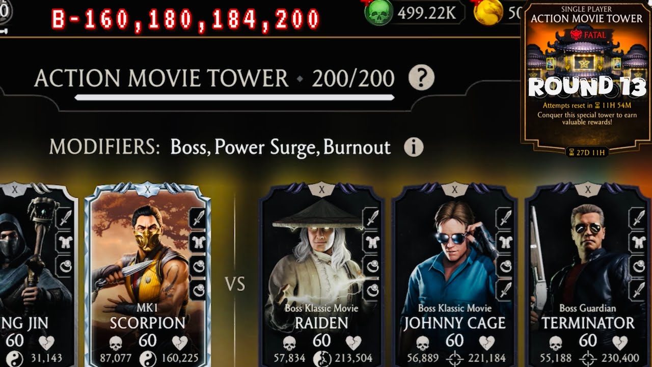 MK1 Characters Vs Fatal Action Movie Tower Boss Battle 200 & 160, 180 Fight + Rewards MK Mobile