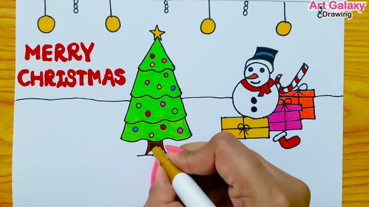 Merry Christmas drawing, Christmas drawing easy step, Christmas tree drawing, Christmas painting