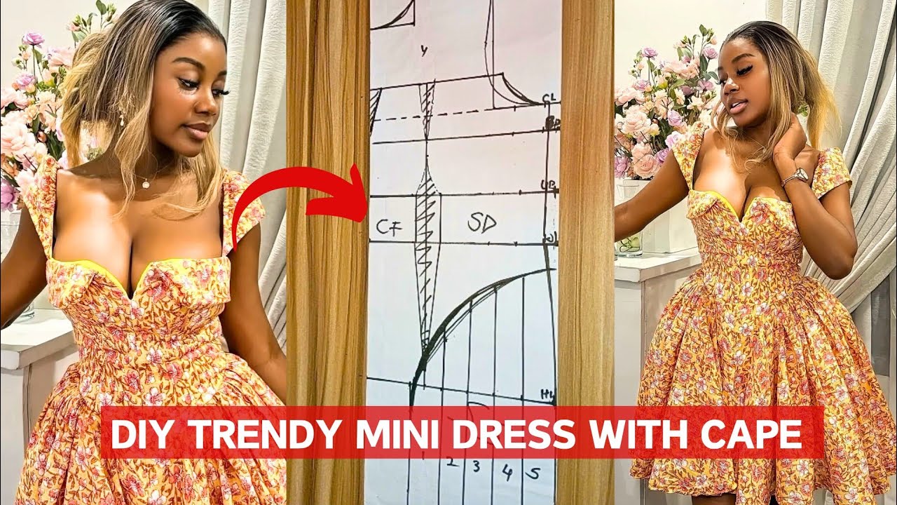 How To Draft This Trendy Short Dress With Cape And Side Gathers || Pattern drafting #sewingtutorial