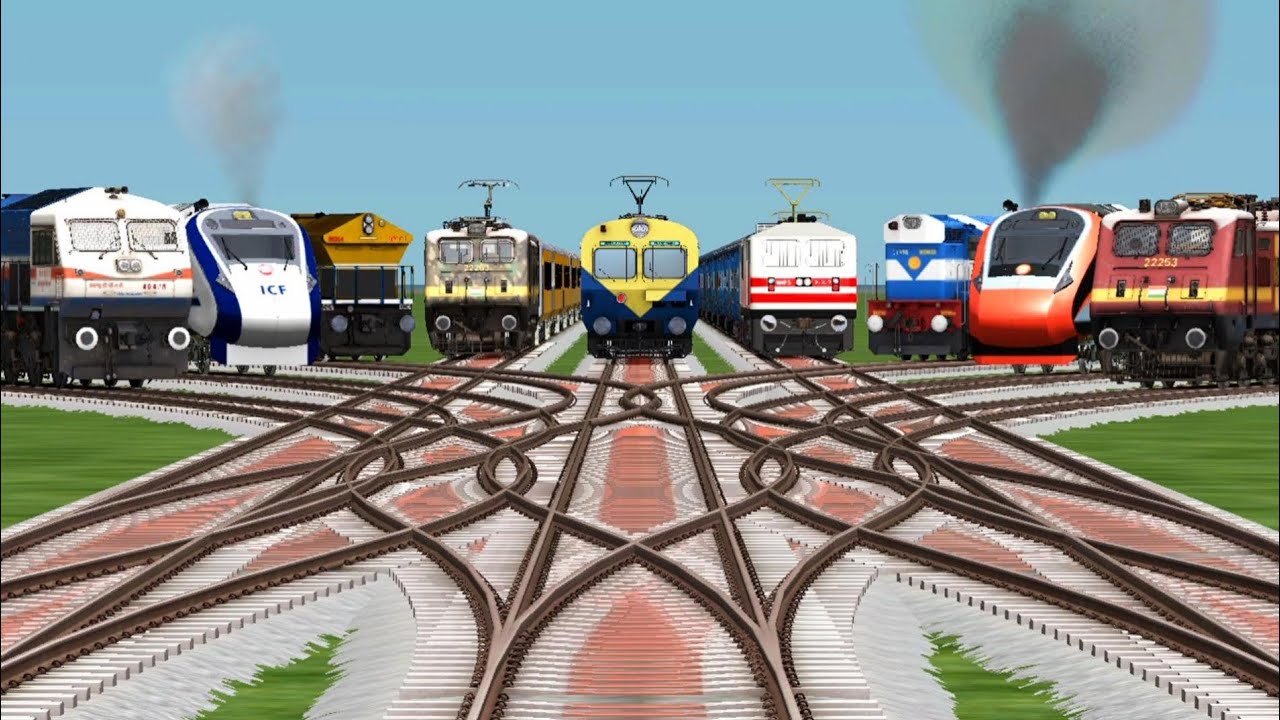 5+4 Train Crossing Bumpy Railroad Tracks - Indian Railways Game - Train Simulators 