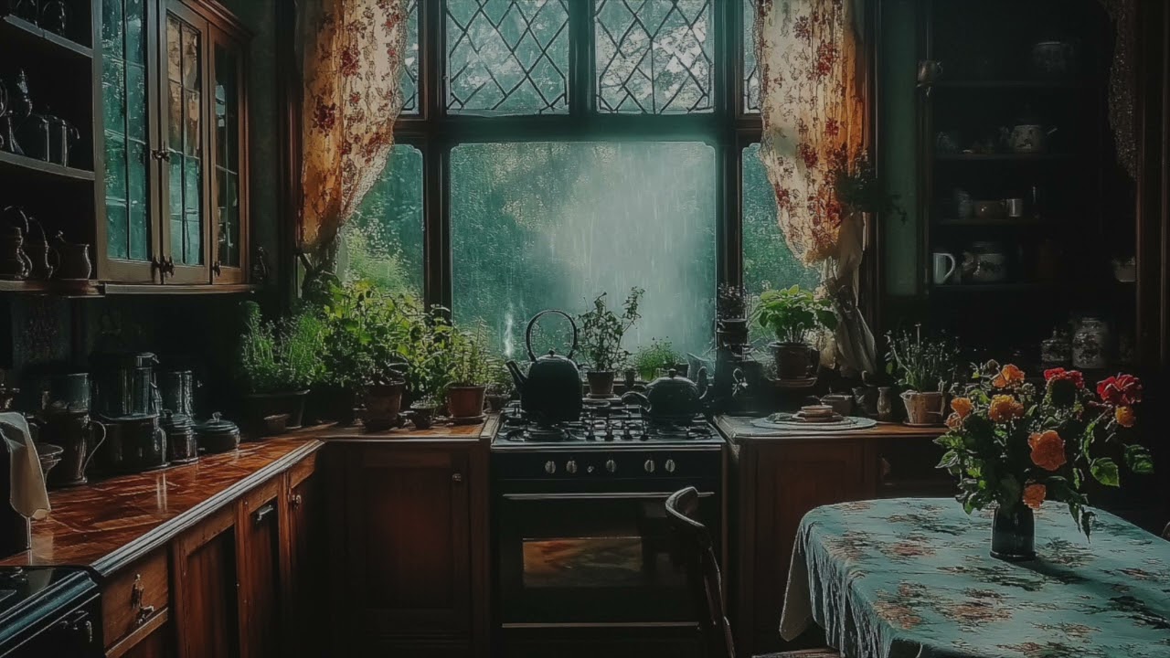 Rainy Evening in a Gothic Cottagecore Kitchen | Cozy Dark Academia Ambience | Cozy Aesthetic Vibes⛈️