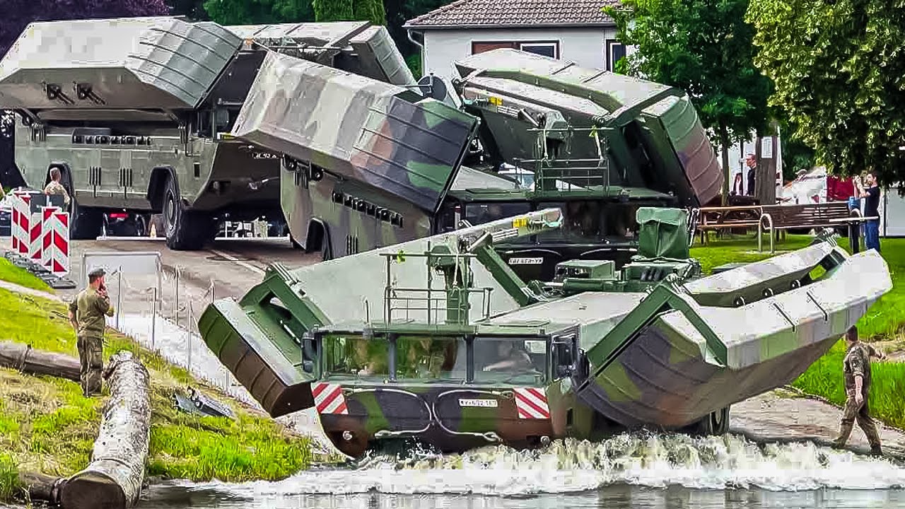 Massive German M3 Amphibious Rig Bridging Vehicle Driving into River
