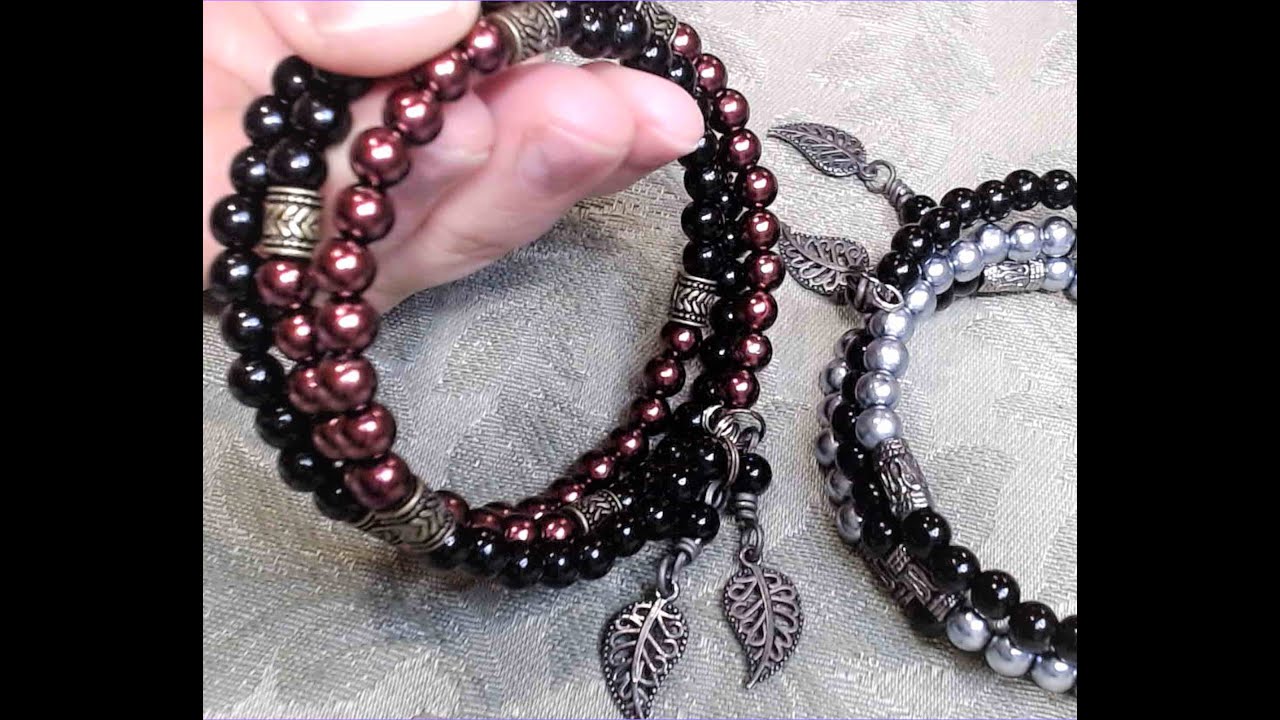 Lovely Memory Wire Beaded Bracelet with Hanging Dangle Leaves