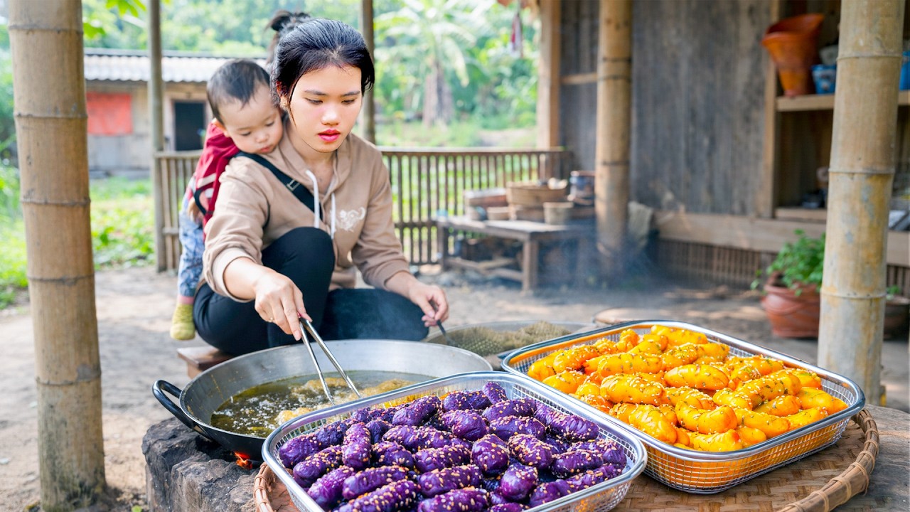 Cooking Cheese Sweet Potato Cake with Sesame Filling and Selling at the Market