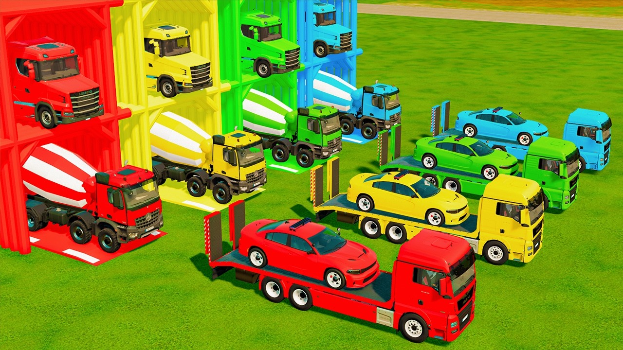 TRANSPORTING CARS, AMBULANCE, POLICE CARS, FIRE TRUCK OF COLORS! WITH TRUCKS! - FS 22