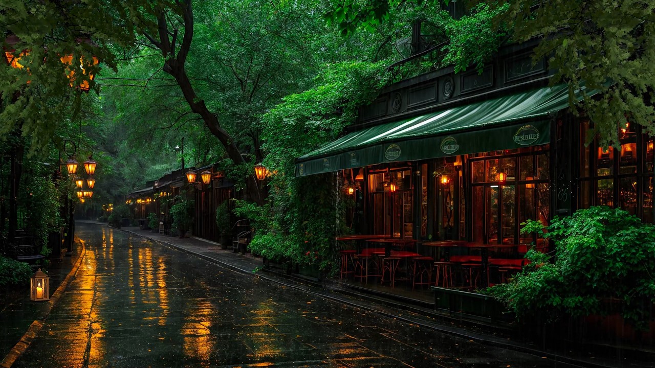 Outdoor Caf&eacute; Ambience on a Rainy Street 🌧️ Deep Jazz and Rain Sounds for Focus and Relaxation