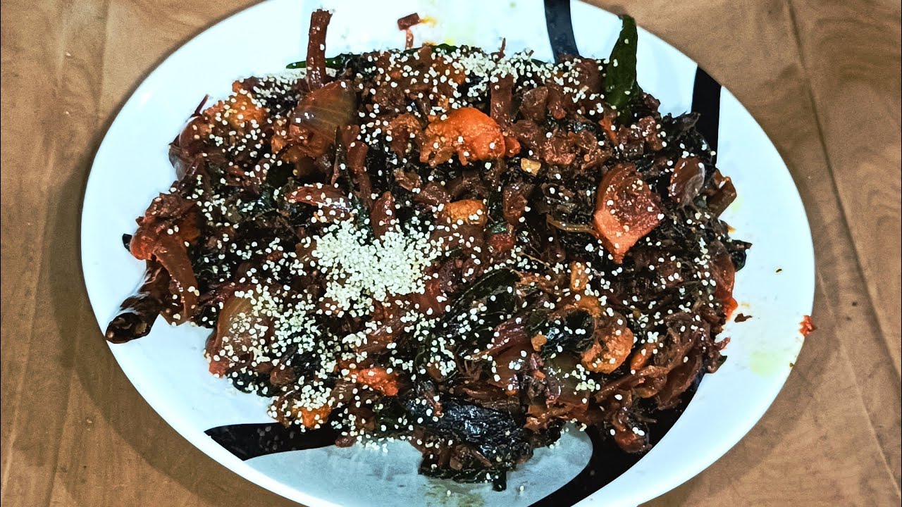 Tasty red spinach with prawn recipe. Indian Choice Kitchen.