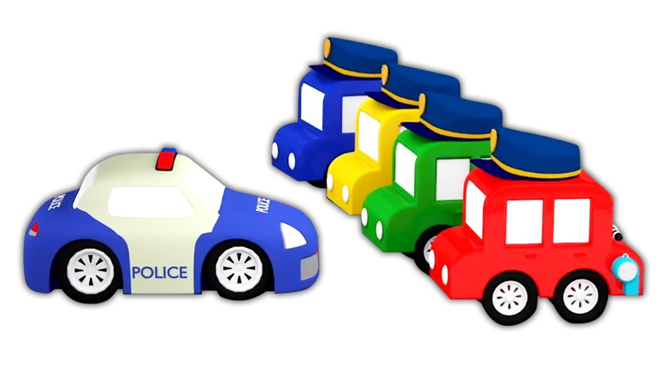 4 carros coloridos e os carros de polícia. Desenho animado infantil. Desenhos animados em português