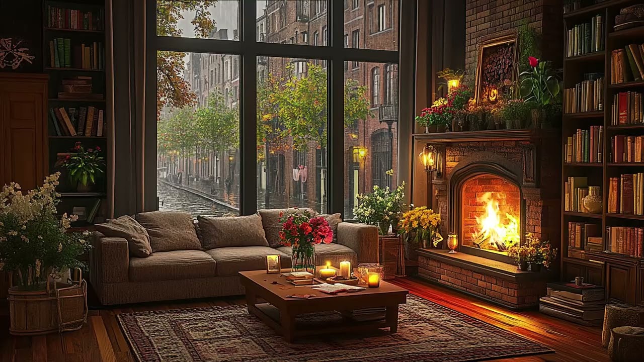 Gentle Rain and Relaxing Jazz Music in Living Room for Deep Sleep Stress Relief and Meditation