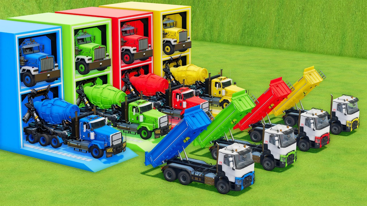 Garage with Colors - ALL MIXER TRUCK WITH DOUBLE FLATBED TRAILER TRUCK, KENWORTH, WESTERN STAR, MACK