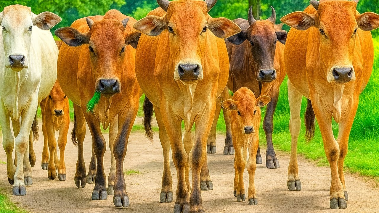 Kerumunan Sapi Lucu Berjalan menuju Ladang rumput, Suara Sapi Moo, Sapi Makan rumput Di Ladang Hijau