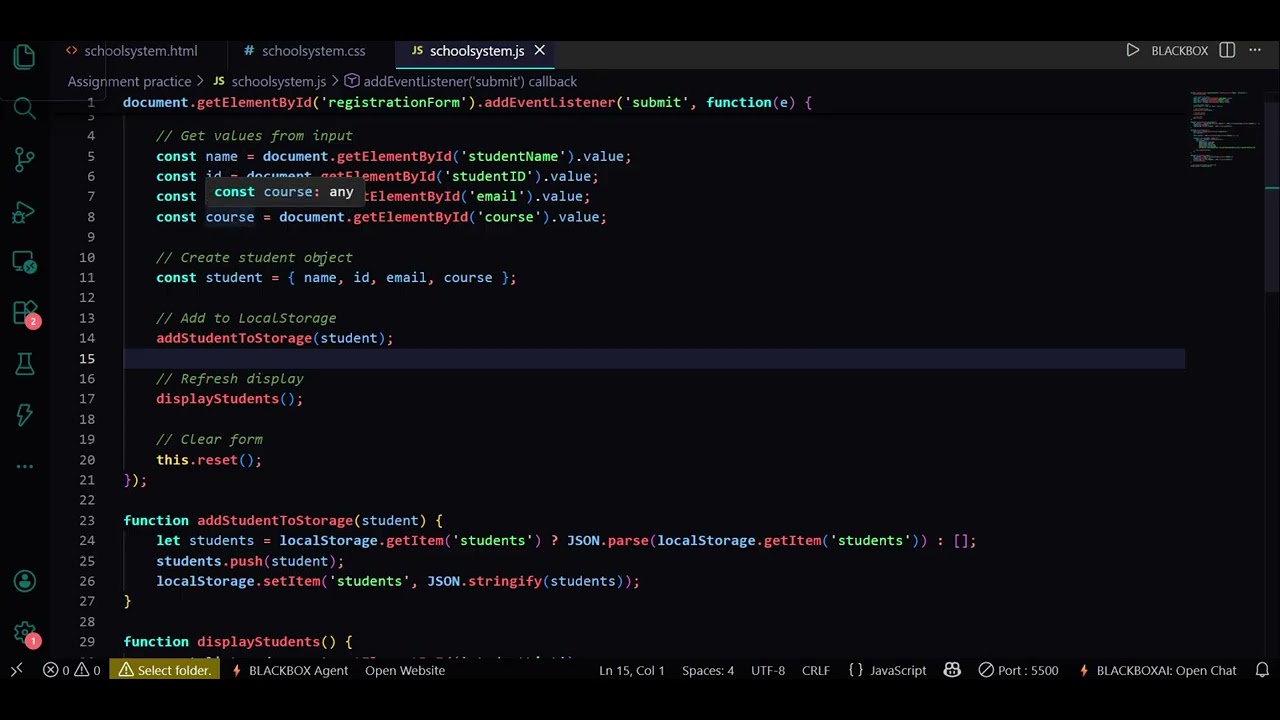 A RESPONSIVE REGISTRATION FORM FOR STUDENTS USING HTML, CSS AND JAVASCRIPT.