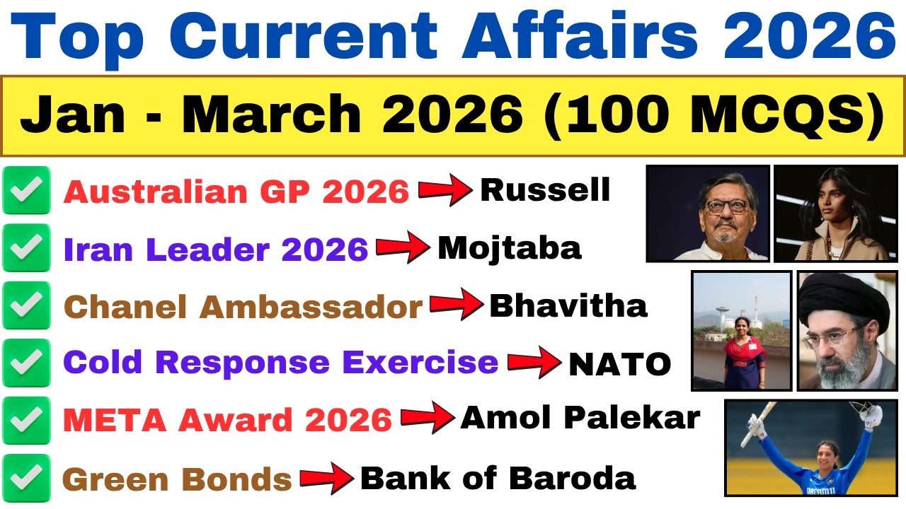 Top 100 Current Affairs MCQs | January to March 2026 Complete Revision