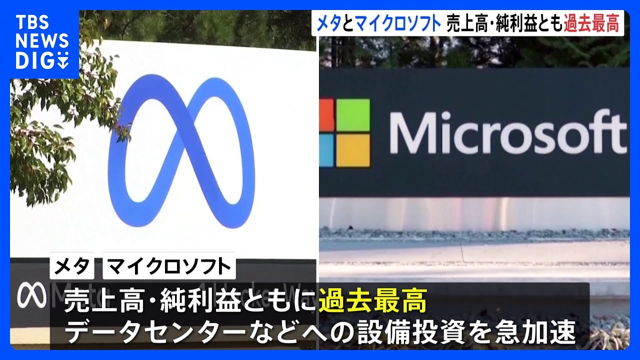 メタ、マイクロソフト　売上・純利益ともに過去最高　AI用データセンターなど設備投資加速に警戒感も　10～12月期四半期決算｜TBS&nbsp;NEWS&nbsp;DIG