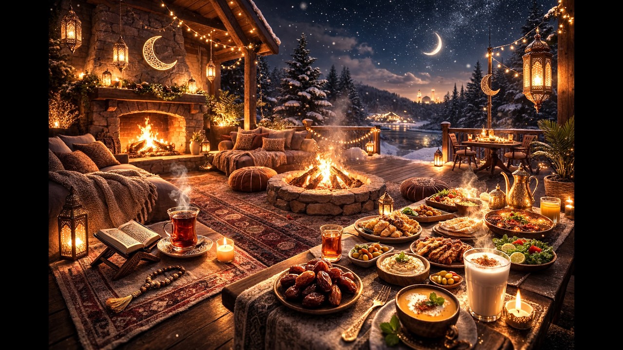 Calm winter cabin evening snowy woods, soft Arabic oud & fireplace glow for sleeping and focus.