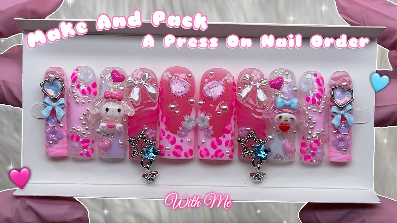 MAKE AND PACK A PRESS ON NAIL ORDER WITH ME💗 POLYGEL PRESS ON NAIL TUTORIAL & Y2K GYARU NAILS!