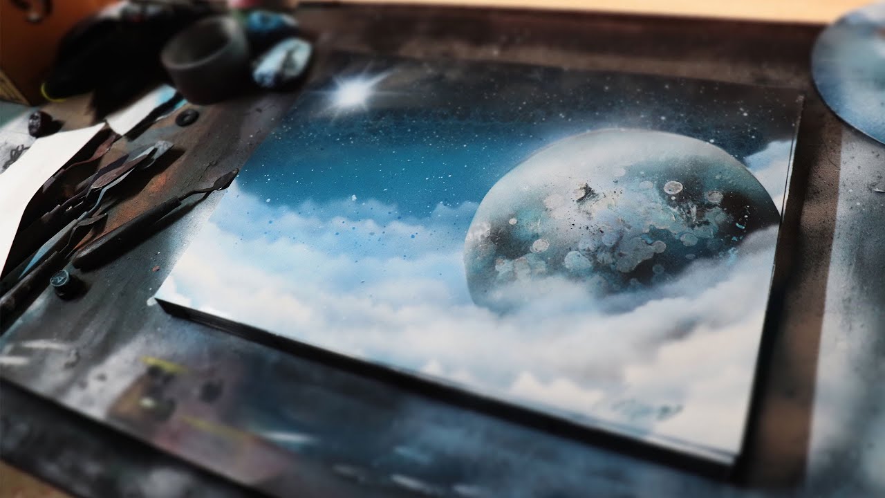 Blue Moon in the Clouds - Spray Paint Art
