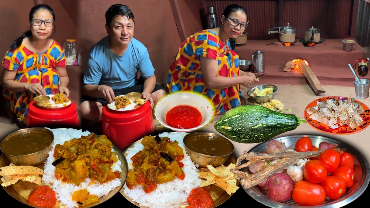 Pumpkin with Dry Fish mix Recipe, Dal & Rice - Nepali Village Recipe cooking and eating Food