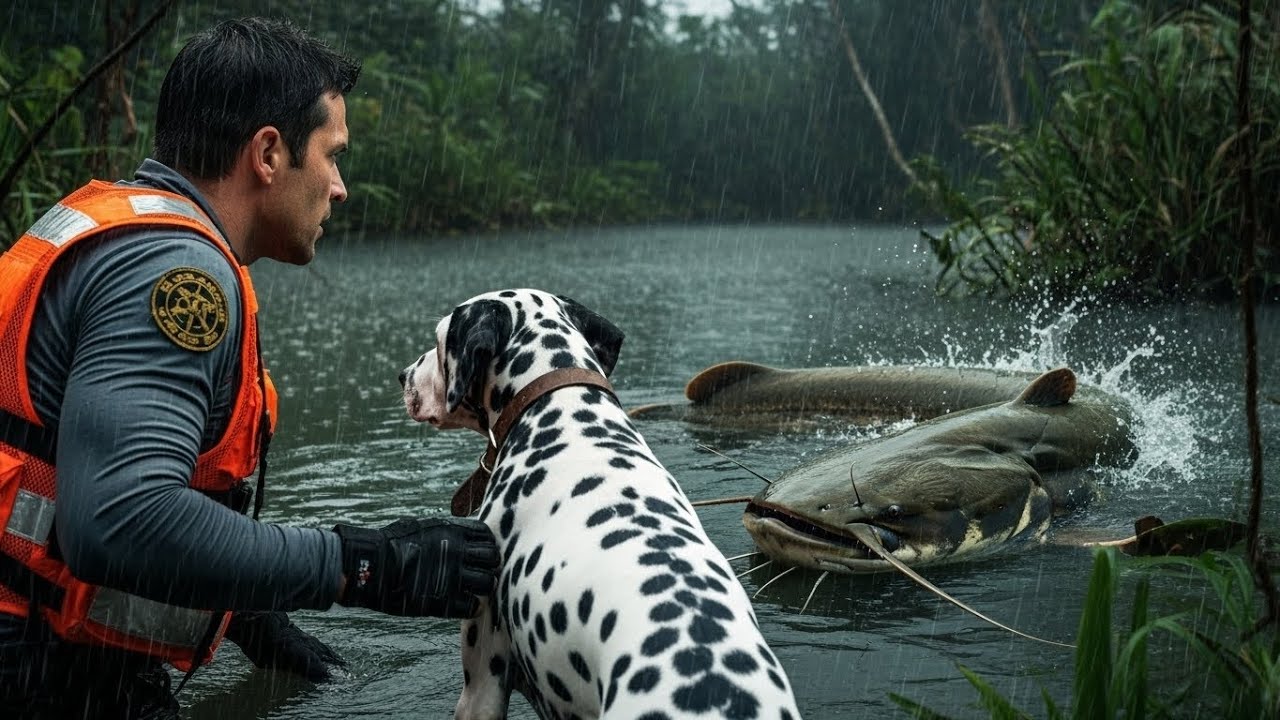 Heroic Rescue Team Saves the Poor Spotted Dog from a Giant Catfish and its Deadly Jaws