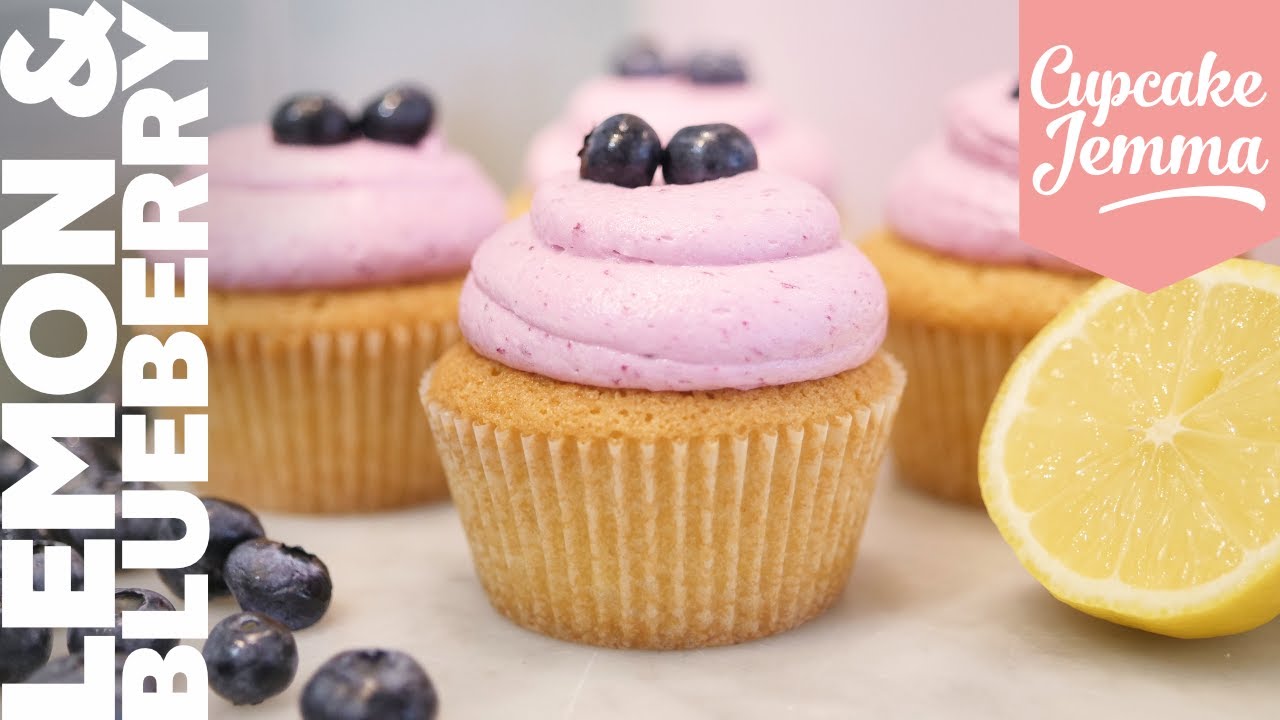 Curd-filled Lemon Cupcake Recipe with Blueberry Buttercream Frosting | Cupcake Jemma