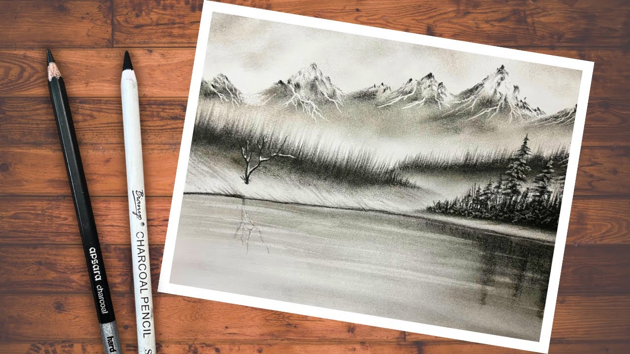 Beautiful Mountain Landscape Drawing with Charcoal | Misty Lake Scenery Sketch