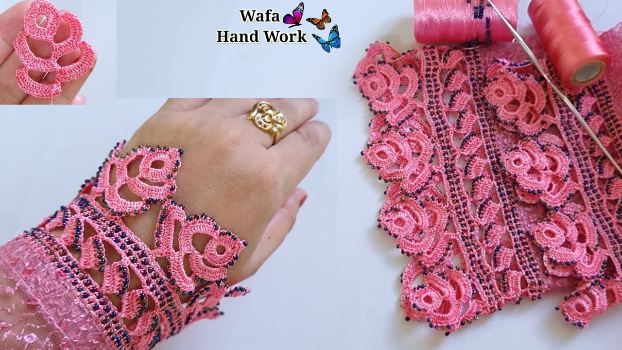 Beautiful Crochet Rose 🌹 Flower Lace For kurti Sleeves 🌹 New Qureshia Design |  Crosia Beads Work |
