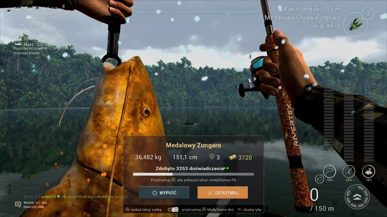 Medalowy Sum Zungaro 30 kg+ na gumową przynętę Rak - Jezioro Maku-Maku - Fishing Planet - spinning