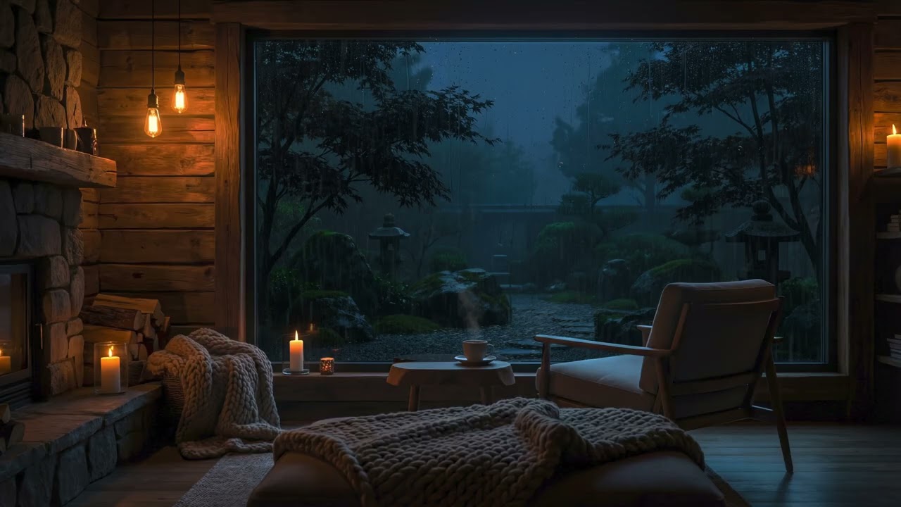 1 Hour Sleep Cozy Cabin Rain 🌧️ | Japanese Garden View & Deep Relaxation Ambience | 4K HDR