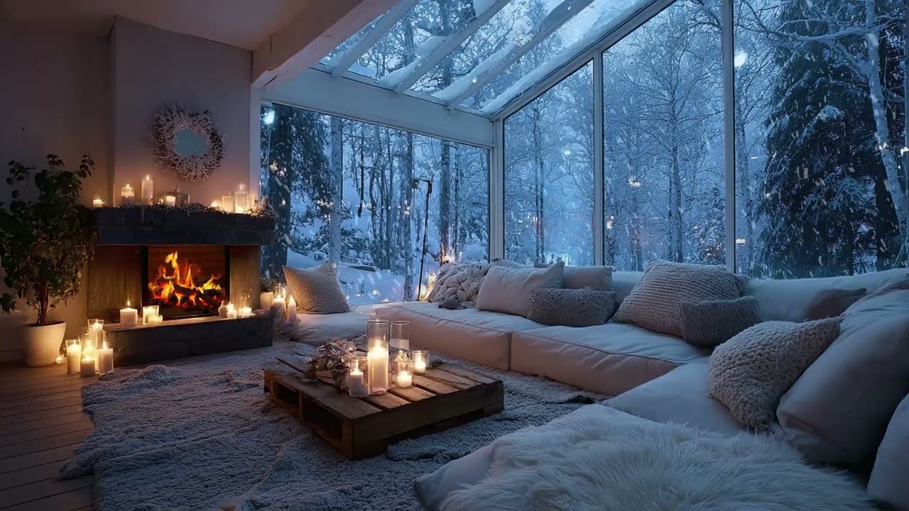 🔥🎼 Cozy Winter Piano Lounge | Snow Outside & Fire Inside | Relax Study Focus Calm