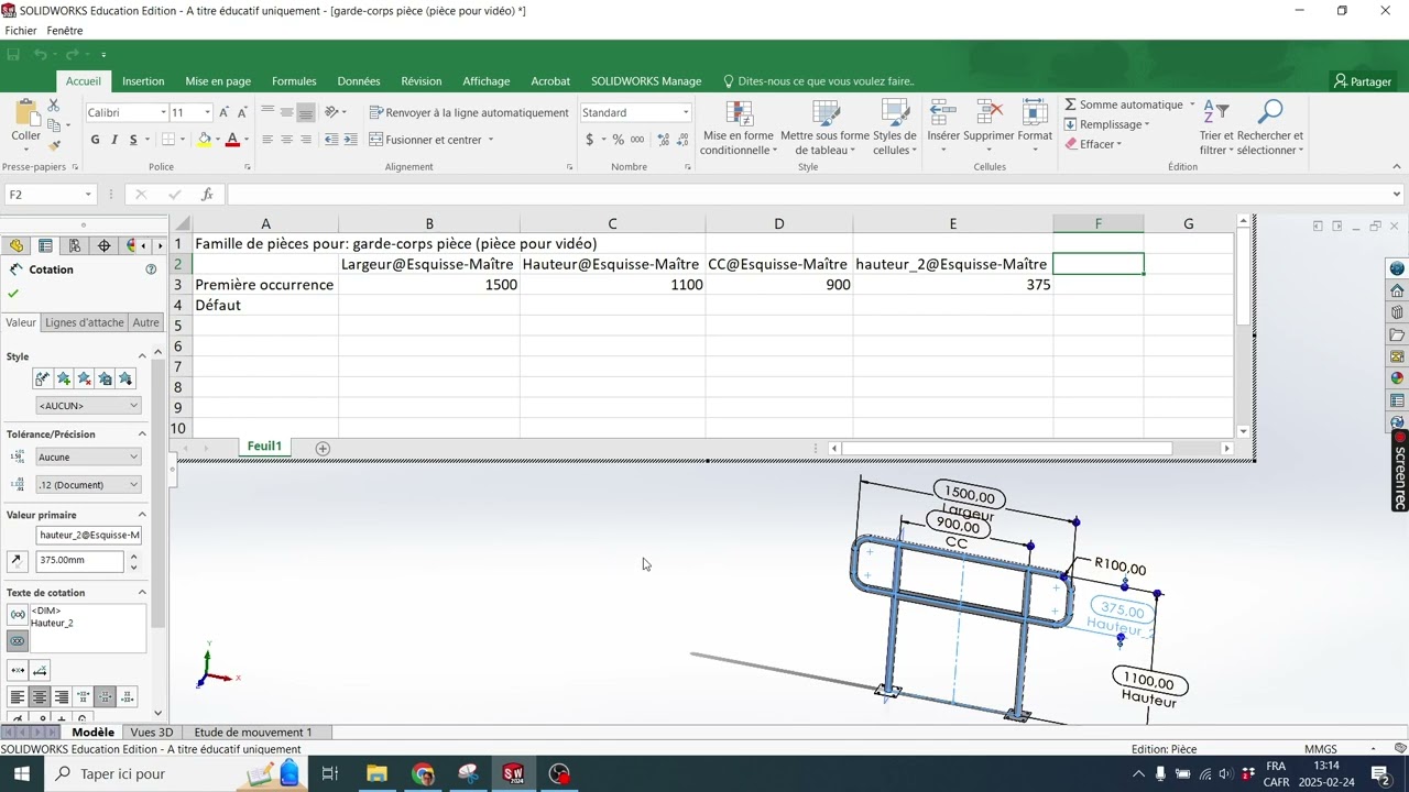 Créer une famille de pièces Solidworks - barrière (partie 2 de 2)