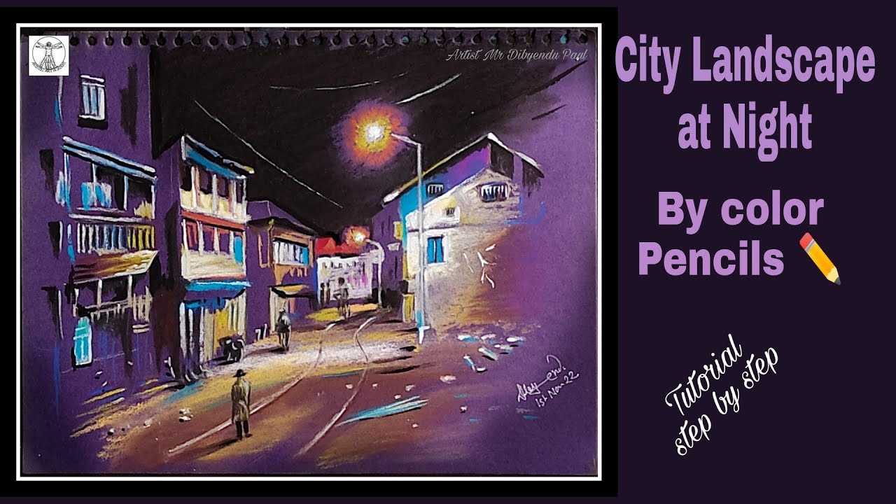 City Skyline at Night Color pencil Drawing Tutorial for Beginners/Night Landscape on color paper