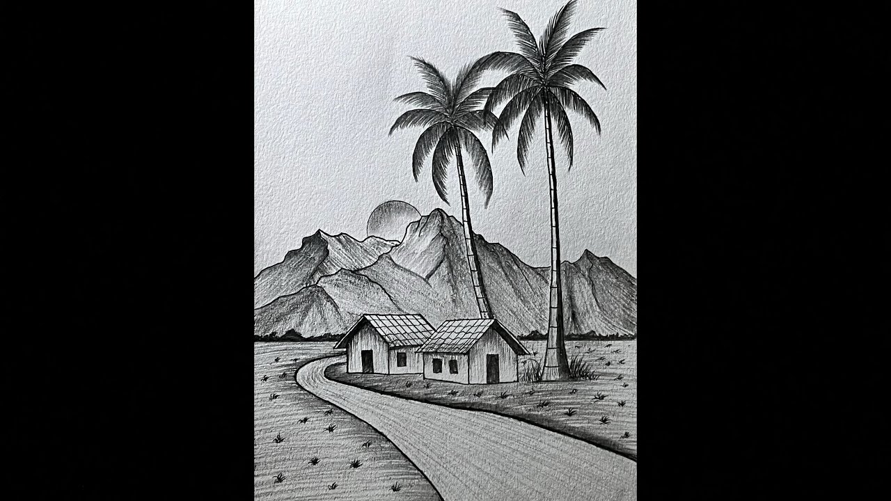 How to draw a sunset scenery with pencil sketch 