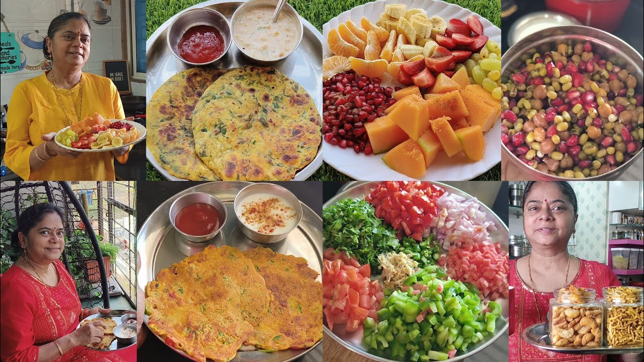 high protein 4 vegetarian meals +Breakfast🍱 paneer besan chilla🌺 fruit salad🌺 methi thepla🌺 sprouts