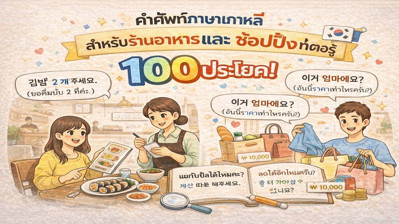 ประโยคภาษาเกาหลี ร้านอาหาร & ช้อปปิ้ง | 100 ประโยคใช้ได้จริง | 식당과 쇼핑에 필요한 한국어 100문장