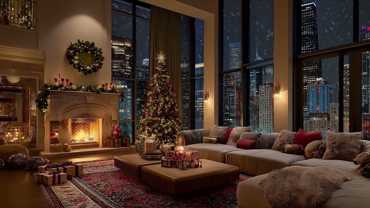 🏙️ Luxury Apartment Jazz | Warm Fireplace & Snowy City Night (3 Hours) | Relax Study Stress Relief