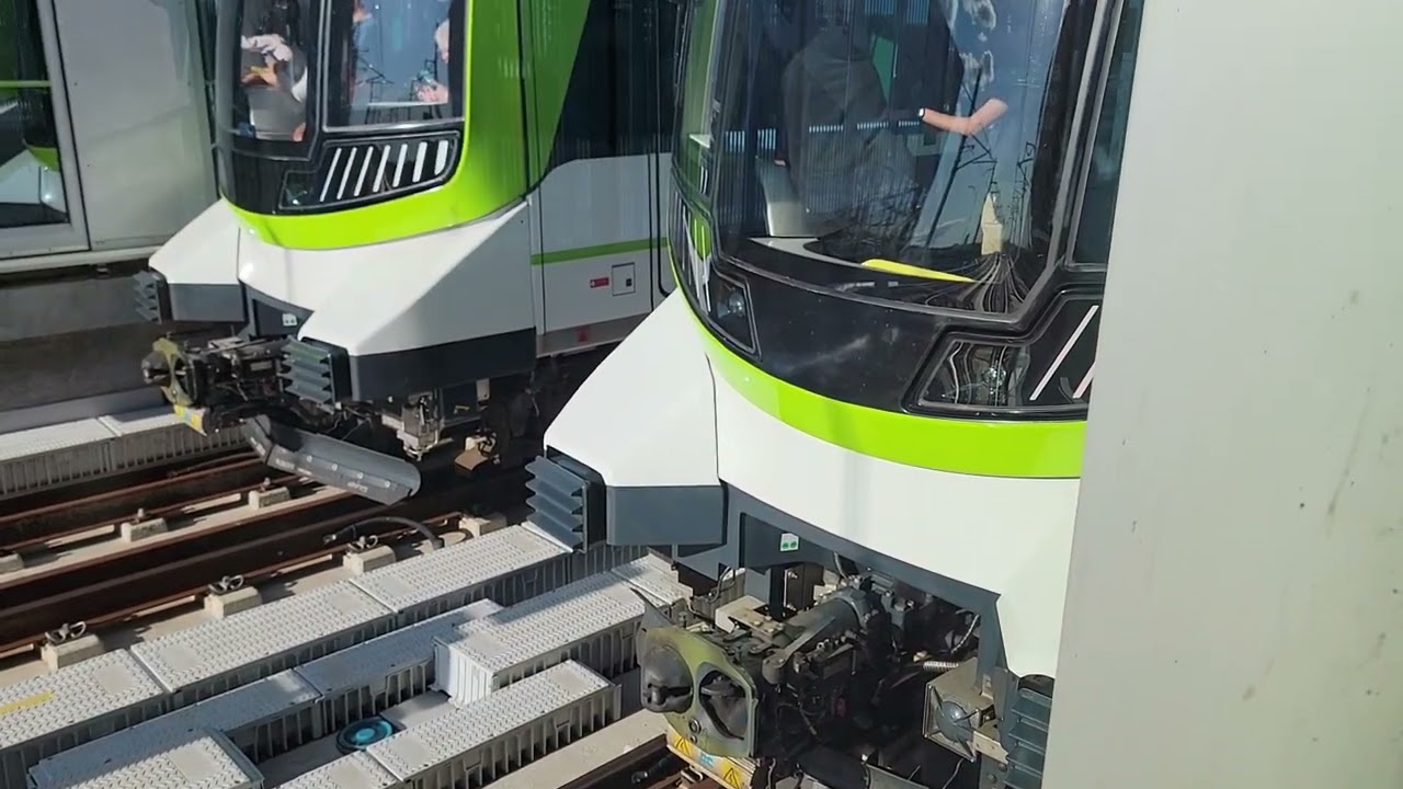 REM -Two Alstom Metropolis trains meeting at Île-Des-Soeurs station