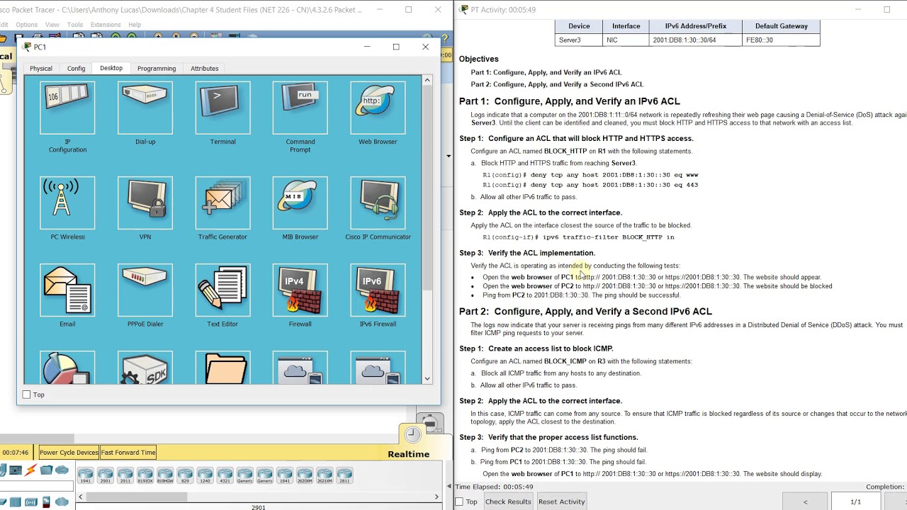 PKT 4.3.2.6 - Configuring IPv6 ACLs