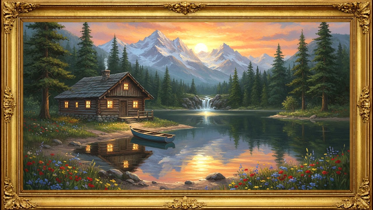 Alpine Cabin Lake Sunset 🌄 | Romantic Oil Painting Art | 4K Elegant Screensaver