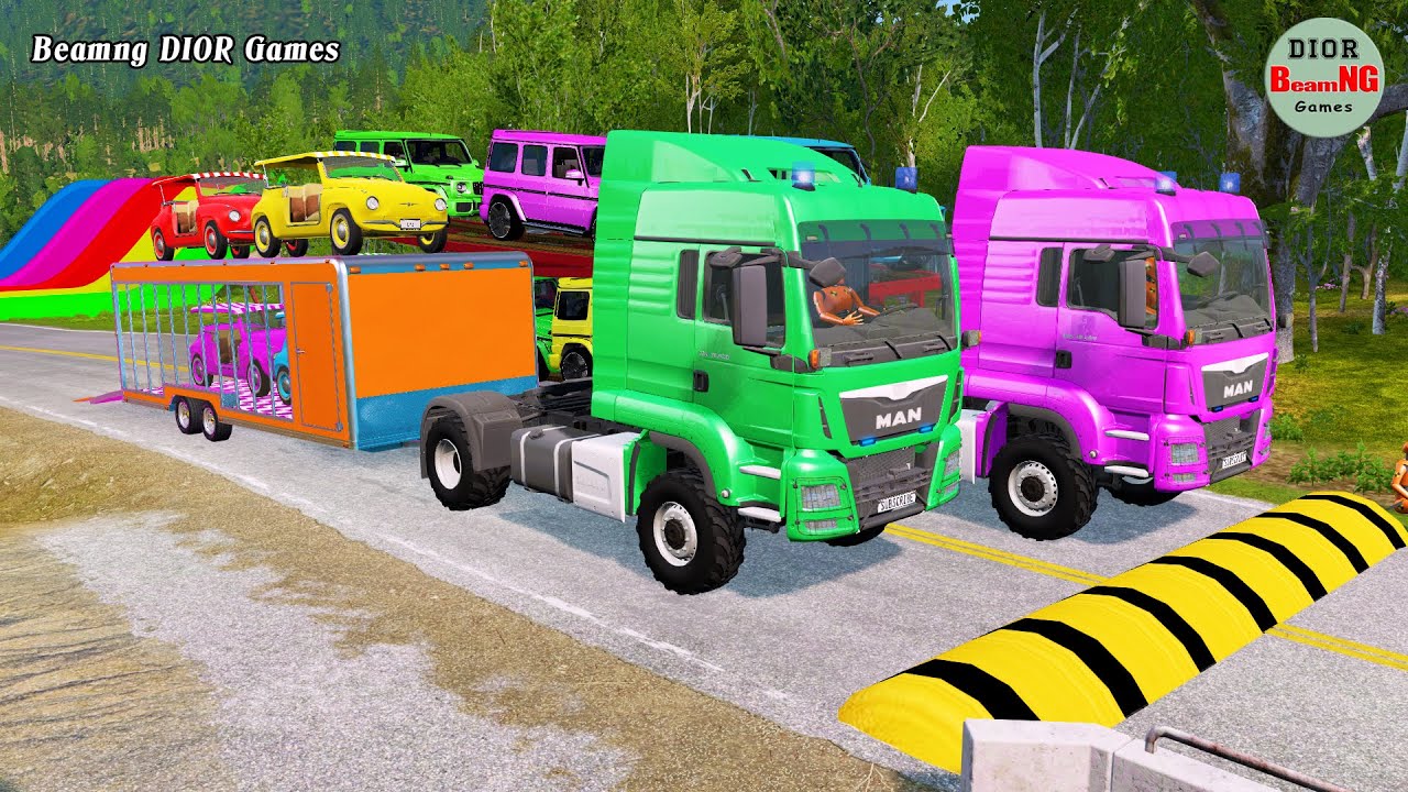 Double Flatbed Trailer Truck cars vs rails tractor vs train cars vs bollards Beamng Drive 319
