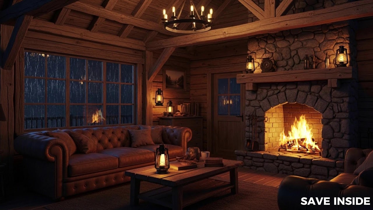 Nature’s Warmth 🌲: Rain and Fireplace Sounds in a Stone Cabin 🏔️