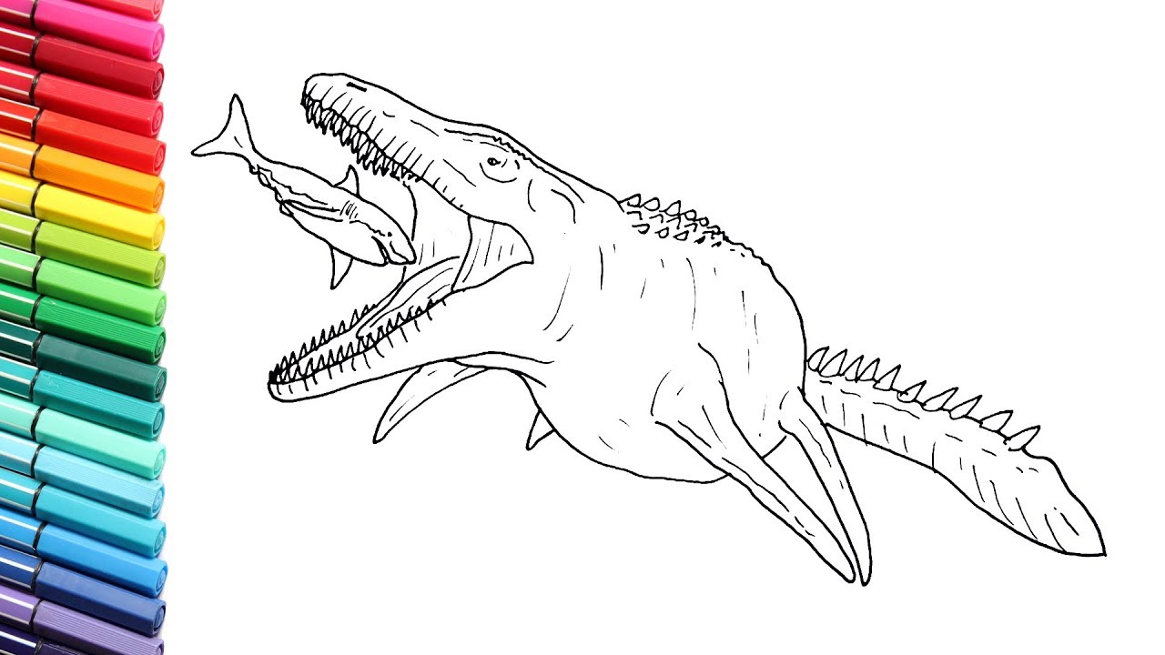 Drawing and Coloring Mosasaur VS GReat White Shak - Sea Monster Color Pages From Jurassic World